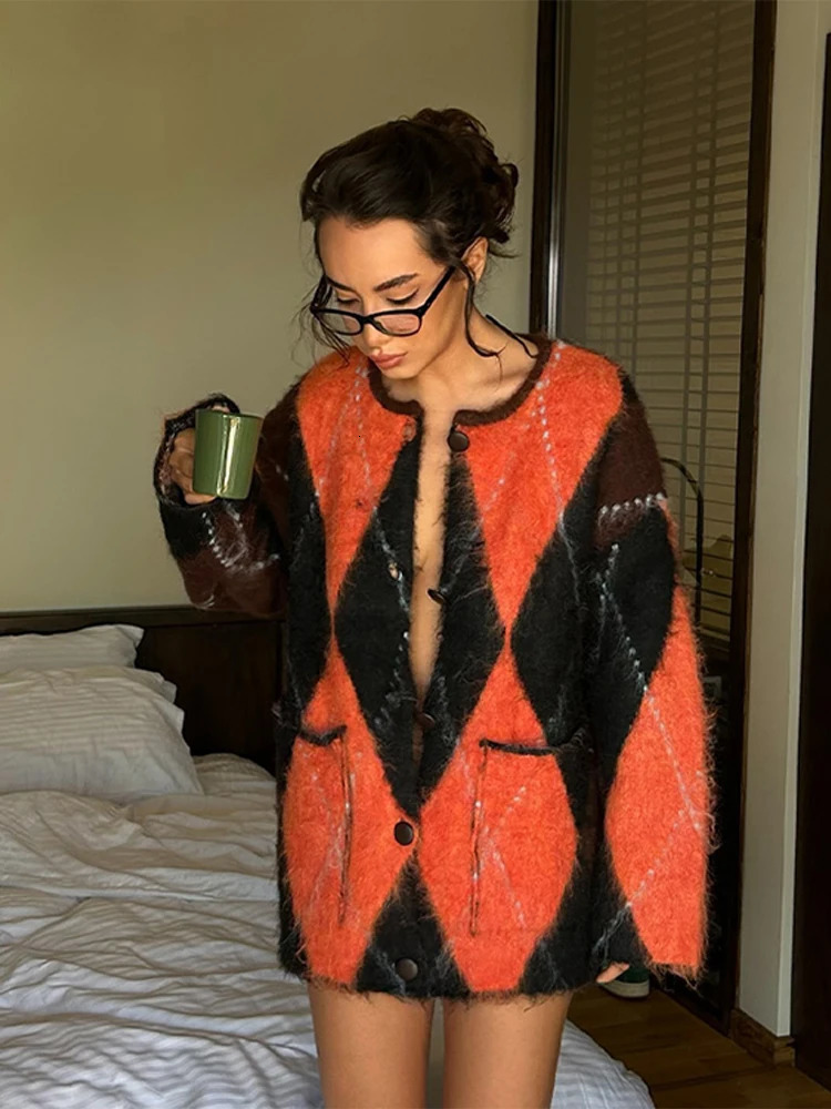 Mohair Plaid Contrast Women Sweater O Neck Full Sleeve Lady Cardigan Fashion Autumn Loose Singlebreasted Female Knitwear 250103