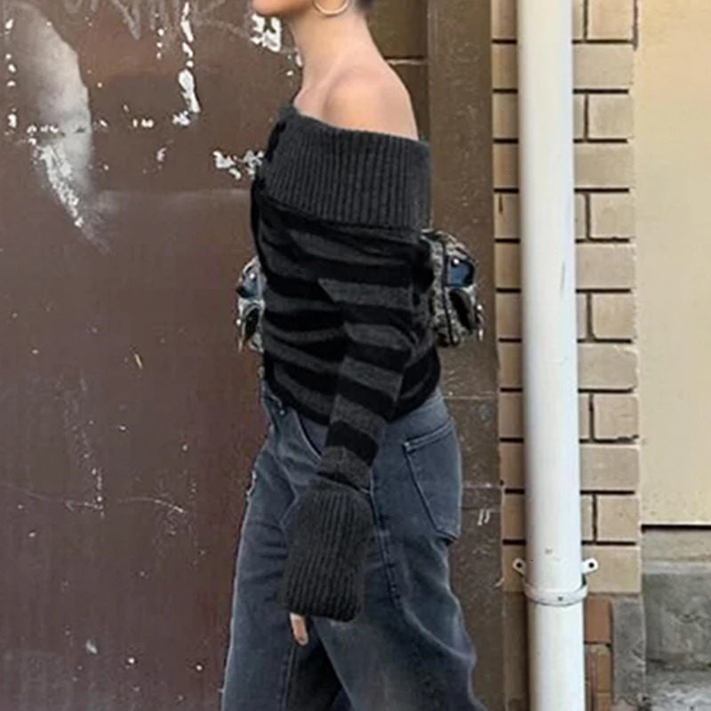 Darlingaga Korean Style Striped Sweater Off Shoulder Autumn Winter Female Jumper Contrast Color Knitwear Y2k 2000s Trend Outfits 250103