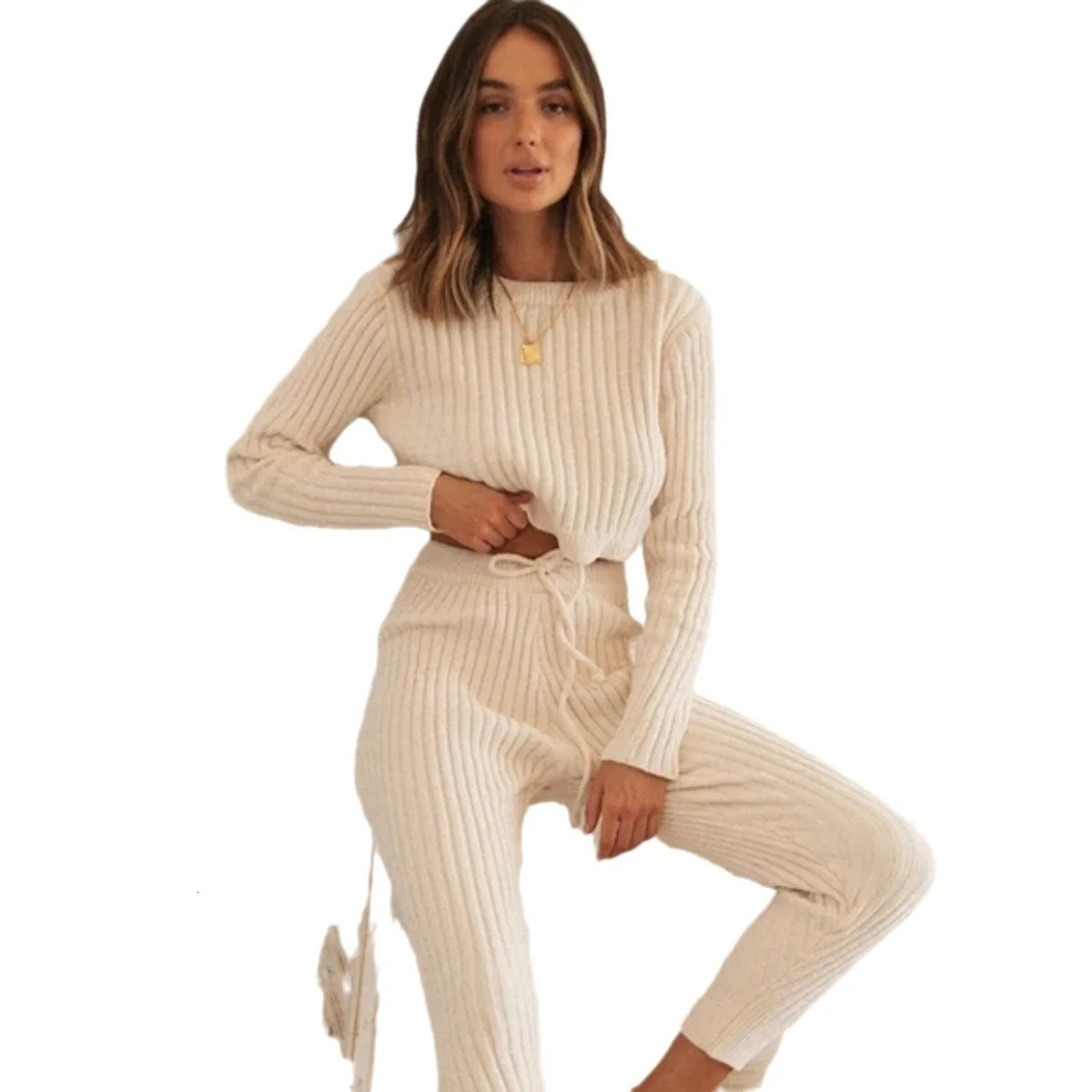 Womens Knit Clothing Set Spring Autumn Female Solid Color Oneck Sweater Tops Trousers Pants Two Pieces 250106