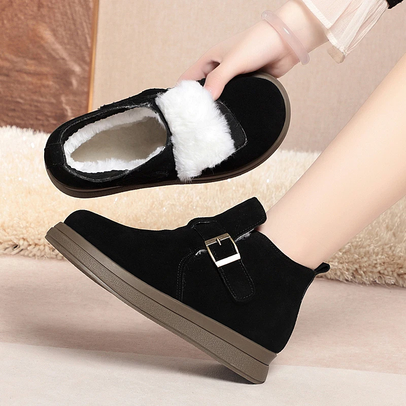 AIYUQI Women Winter Shoes Suede Genuine Leather Flat Natural Wool Warm Shoes Women Anti-Slip Women Shoes