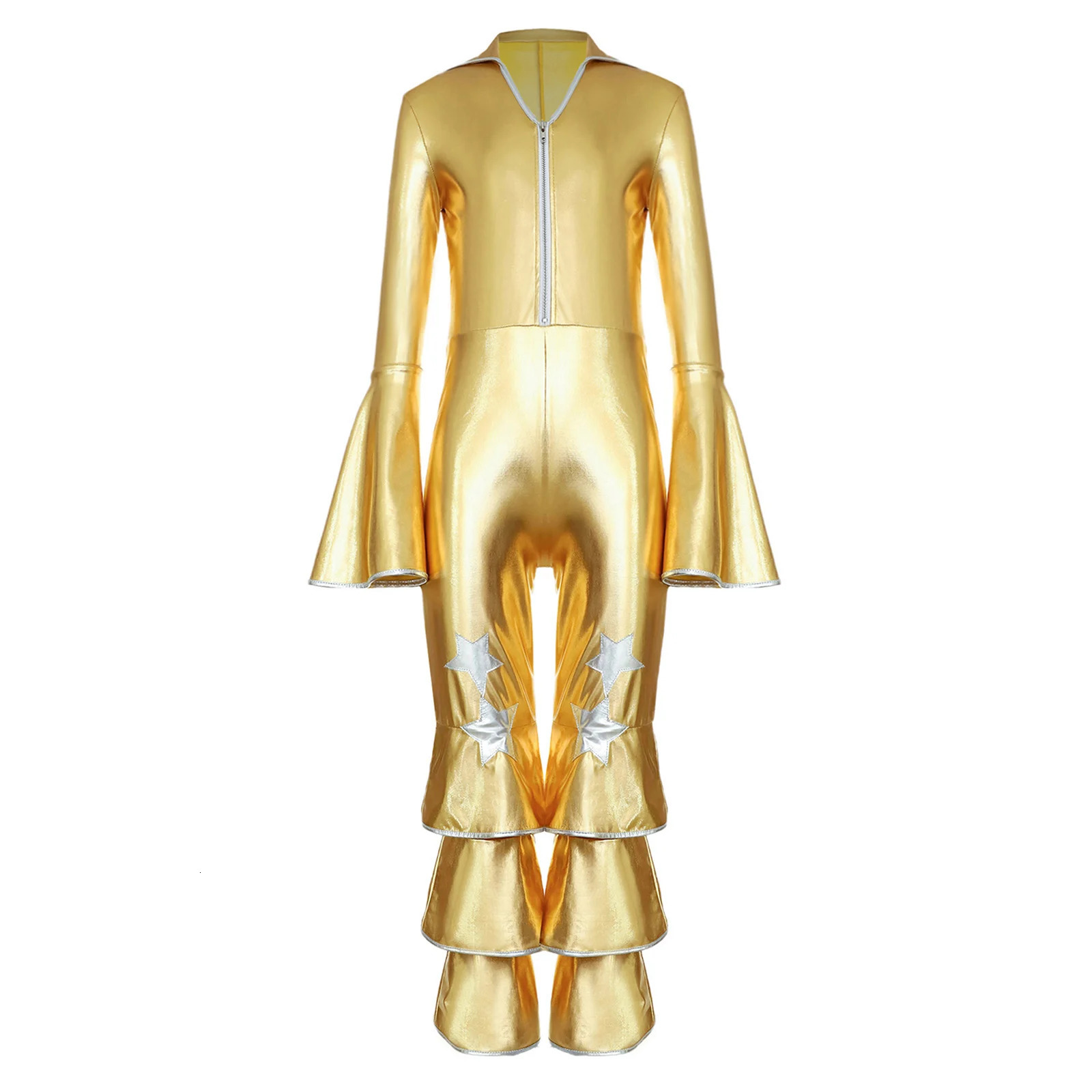 Kids Girls 70s Disco Dance Vintage Jumpsuit Metallic Shiny Flare Sleeve Ruffle Bell Bottom for Halloween Theme Party Cosplay 241230z