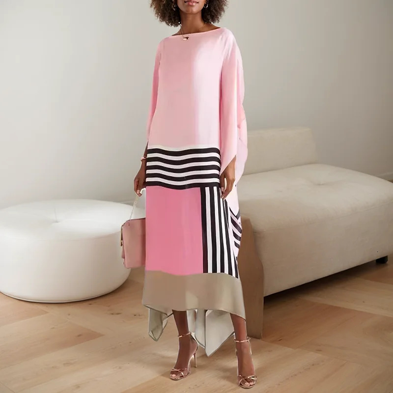 Retro Women Striped Print Patchwork Irregular Dress Fashion Batwing Sleeve Party Elegant Pattern Comfortable Dresses 250103