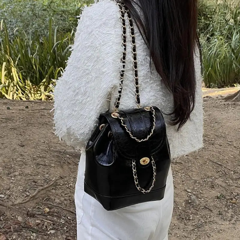 Women Korea Autumn Winter Mini Chains Backpack Female Ins Student Oil Wax Leather Shoulder Bag Travel Bagpack Black Rucksack 250102