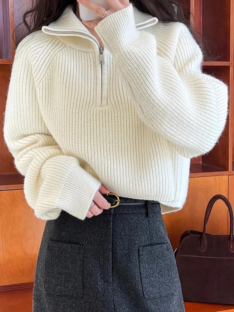 Sweater Pullover Women Autumn Winter Zipper Underlay Loose Short Style Premium Female Tops 250103