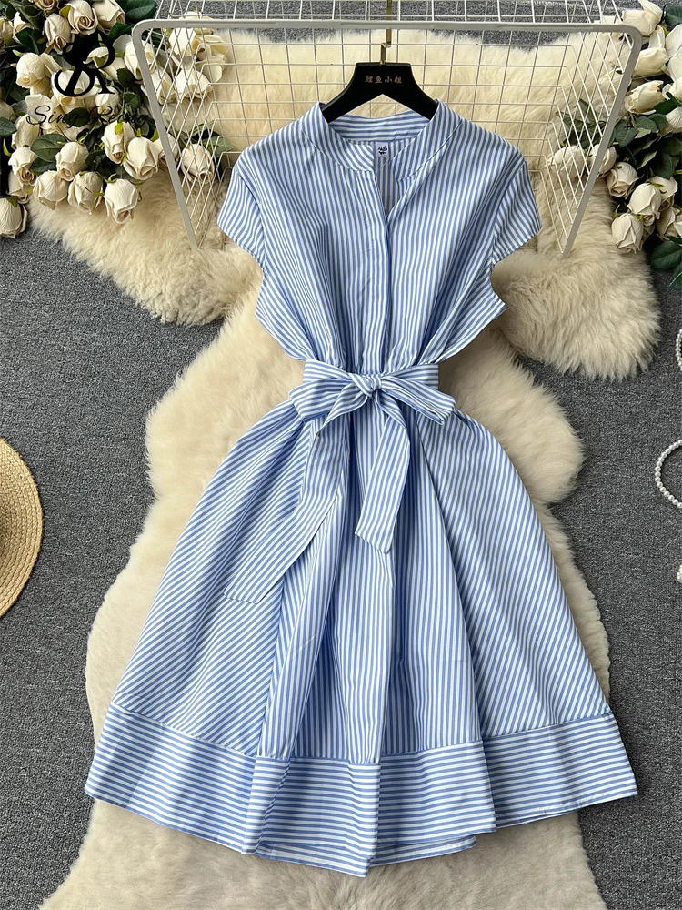 SINGREINY Office Lady Stripe Sundress Covered Button Belt Bow Short Sleeves Women Gentle Korean Style Summer Casual A Line Dress 250103