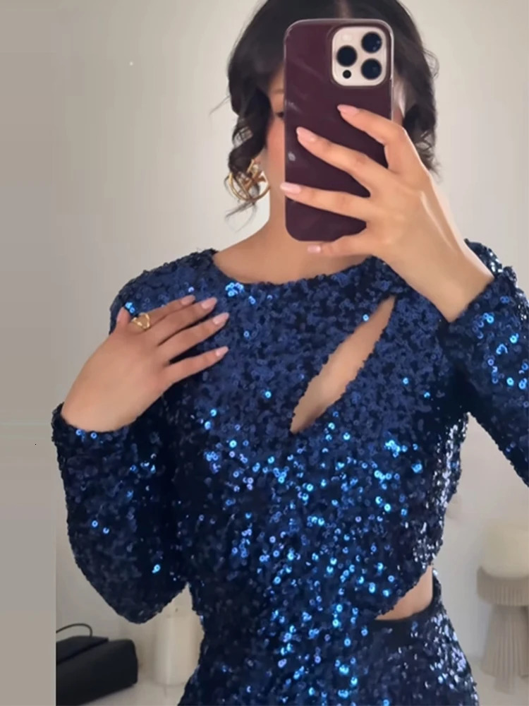 Glitter Sequins Cut Out Mini Dres Long Sleeve Hollow High Waist Chic Shining Dresses Female Slim Evening Party Robe 250103