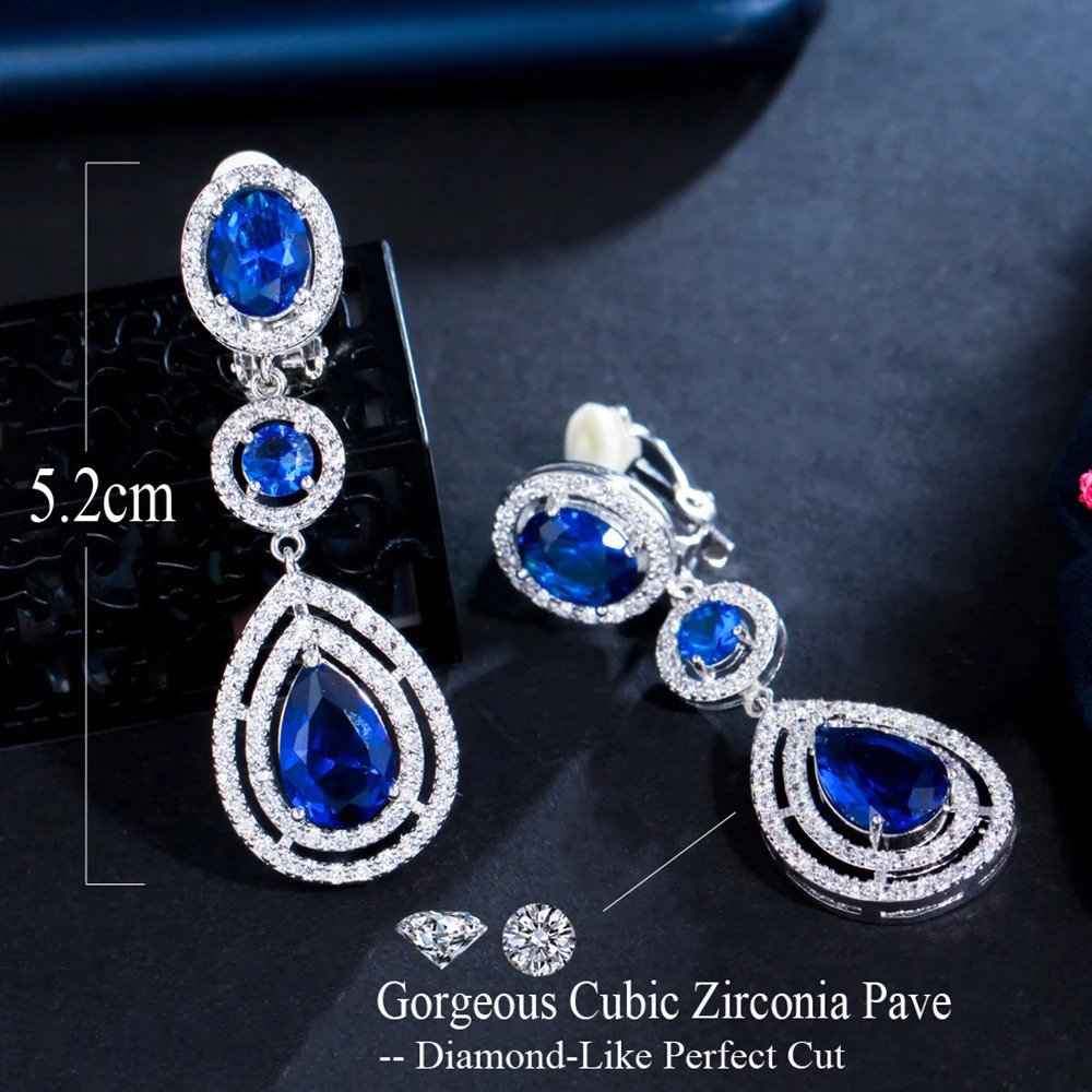BeaQueen Dark Blue Cubic Zirconia Long Water Drop Statement Clip On Earrings without Piercing for Women Ear Clips Jewelry E286 250103