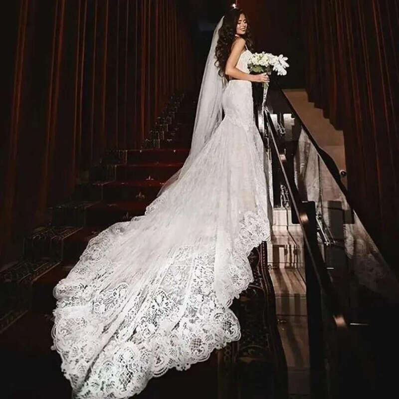 Mermaid Lace Stunningbride Wedding Dresses Spaghetti Straps Trumpet Sexy Appliqued Court Train Tulle Country Bridal Gowns YD