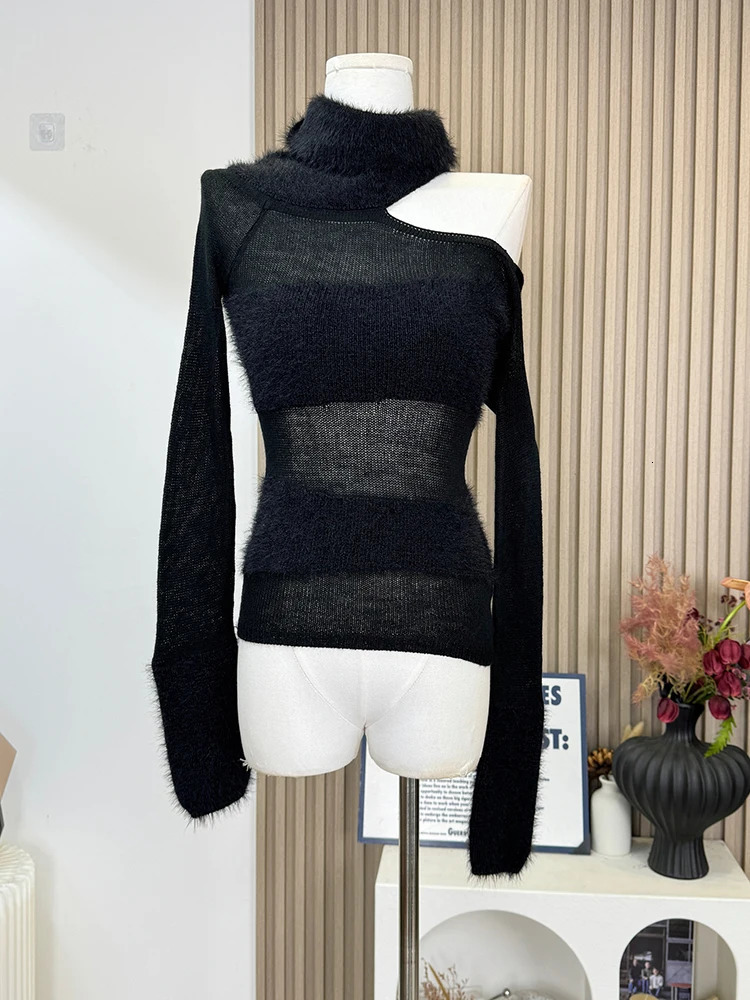 Winter Women Old Money Long Sleeve Cuddly Turtleneck Sweater Knitwear 2000s Jumper Korean Fashion Off Shoulder Gyaru Coquette 250103