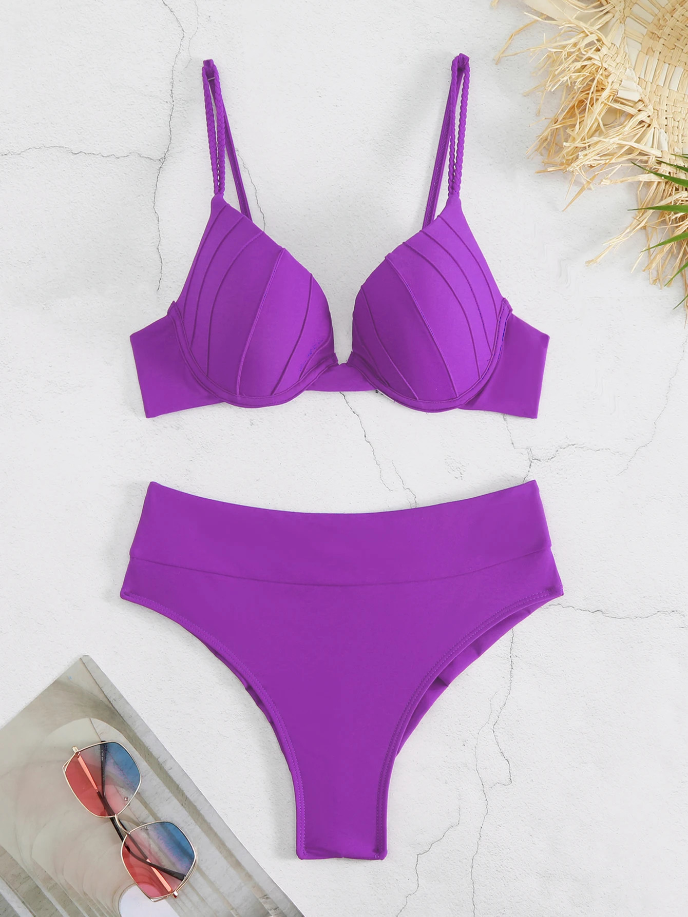 Push Up Bikinis Women Swimsuits Solid Padded Swimwear Vintage Female Swimsuit High Waist Biquini Bathing Suit 250106