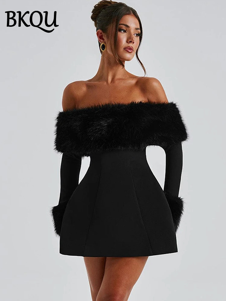 BKQU Strapless Fluffy Patchwork Mini Dress Women Fashion Off Shoulder Long Sleeve Slim ALine Dresses Ladies Evening Party Gown 250103