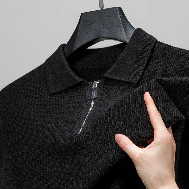 mens knitted polo shirt autumn item solid long sleeved knitted shirt with lapel zipper UK casual exquisite mens clothing 250103
