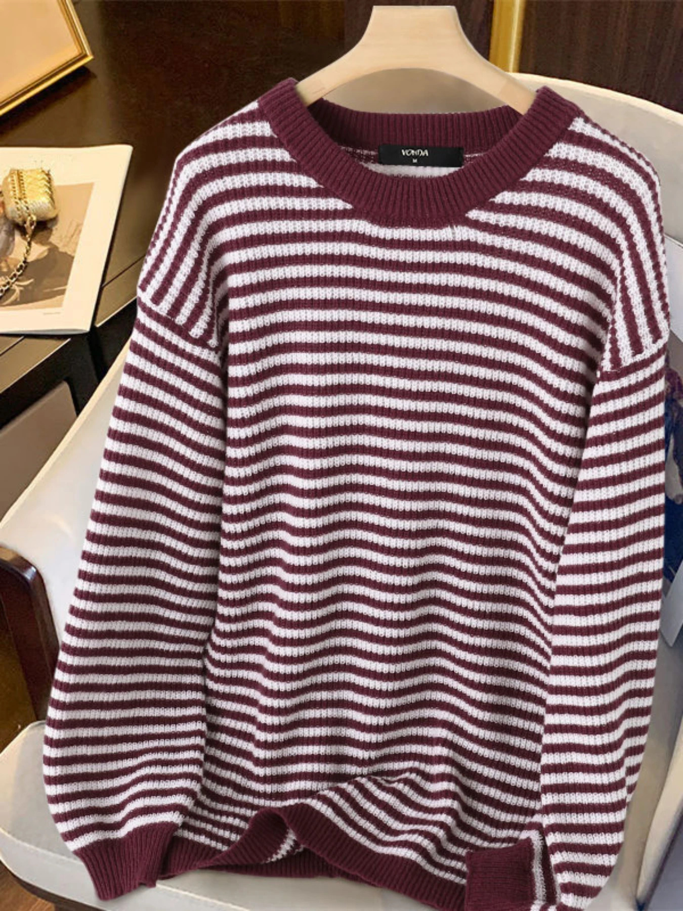 Women Striped Pullovers Autumn Round Neck Off Shoulder VONDA Long Puff Sleeve Knitted Sweater Casual Solid Fashion Jumpers 250103