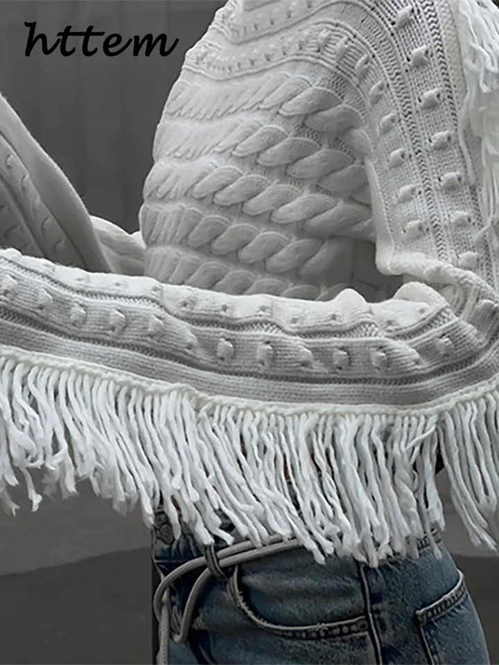 Sexy Tassels Off Shoulder Crop Twist Sweaters Women Solid Slash Neck Long Sleeve Pullover Autumn Lady High Street Sweater 250103