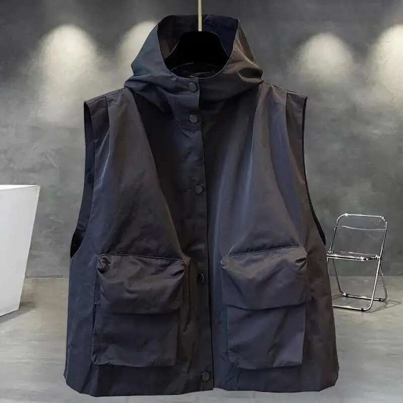 Fashion Solid Color Pockets Korean Hooded Vests Coats Men's Clothing 2025 Autumn New Loose Casual Tops Young Style Jackets