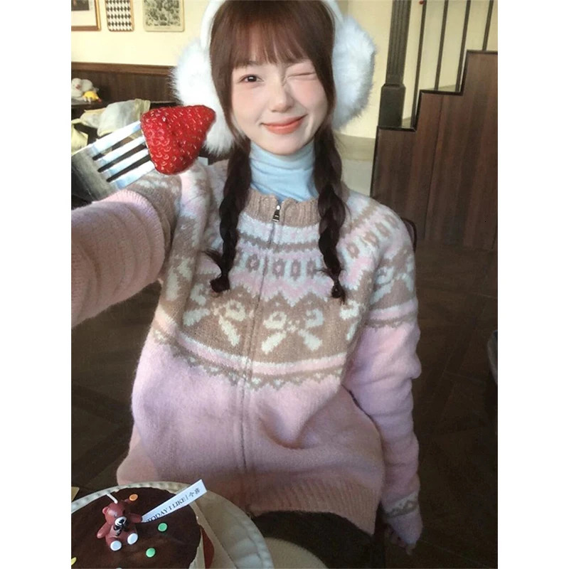 MEXZT Vintage Print Knitted Cardigan Women Japanese Long Sleeve Sweater Outerwear Winter Aesthetic Pink Knitwear Korean Jumpers 250103