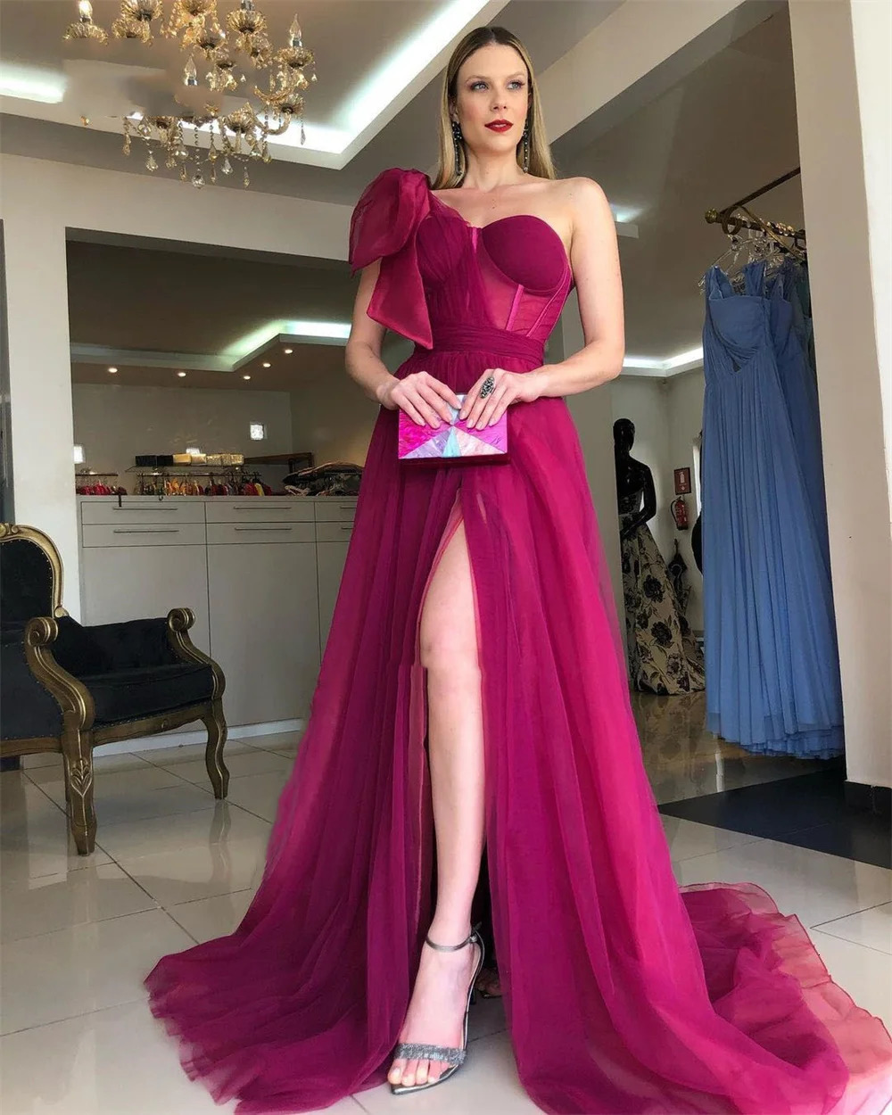 Single shoulder chiffon rose pink A-line party dress sexy side split party dress free customization of evening dress 250103