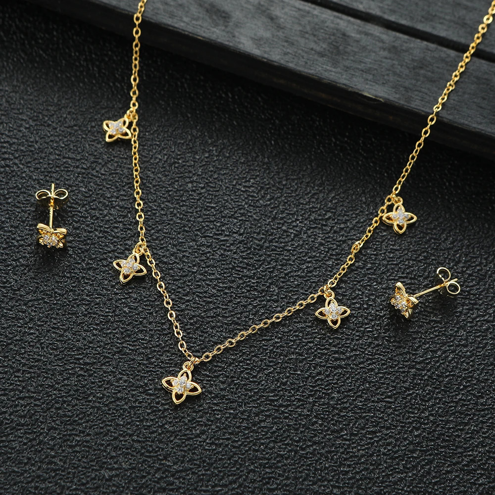 Sweet Geometric Hollow Out Small Flower Cubic Zircon Dubai Bridal Necklace Stud Earring Jewelry Sets Summer Party S525 250102