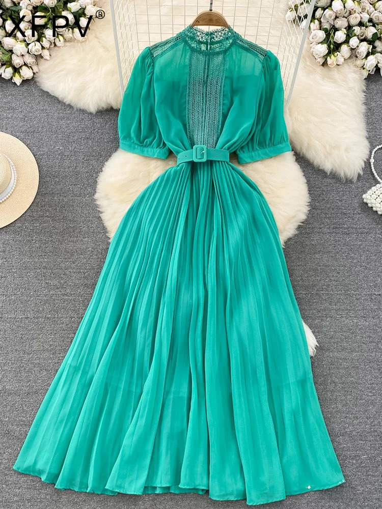 XFPV Elegant Dress Women Lace Belt Short-sleeved Back Zip Pleated Chiffon A-line Vestido Female 2025 Summer Fashion SM7598 250103