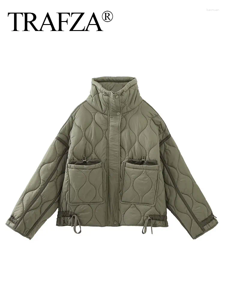 Women's Jackets TRAFZA Women Vintage Solid Quilted Coat Stand Collar Long Sleeve Zipper Jacket Casual Drawstring Pocket Design Winter