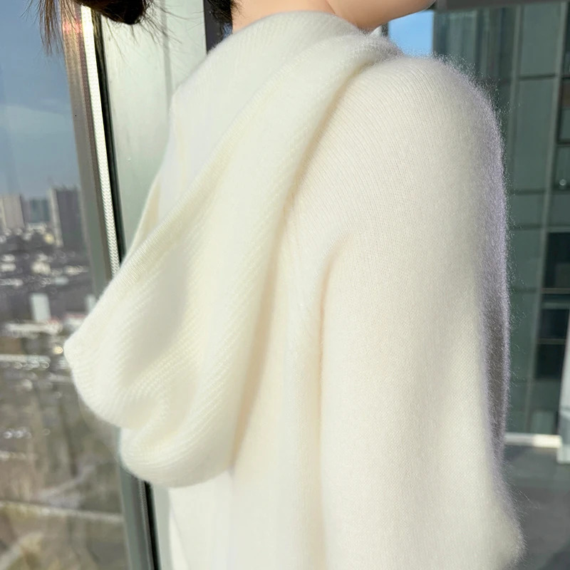 100%Wool High Quality Pure Spring Autumn Winter European Style Women Hooded Fashion Pullovers Knitted Cashmere Wool Sweater 250103
