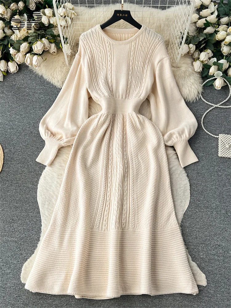 SINGREINY Loose Casual Knit Long Dress Women Solid Elastic Waist Lantern Sleeve O Neck Ladies Fashion Winter Sweater Dresses 241230