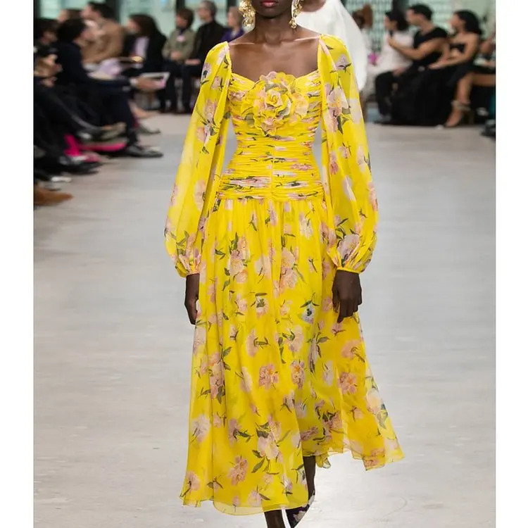 2025 Sexy 3D Flower Shirring Printed Chiffon Long Sleeves One Piece Swimsuit and Skirt Set Women Summer Bathing Suits 2Pcs 250106