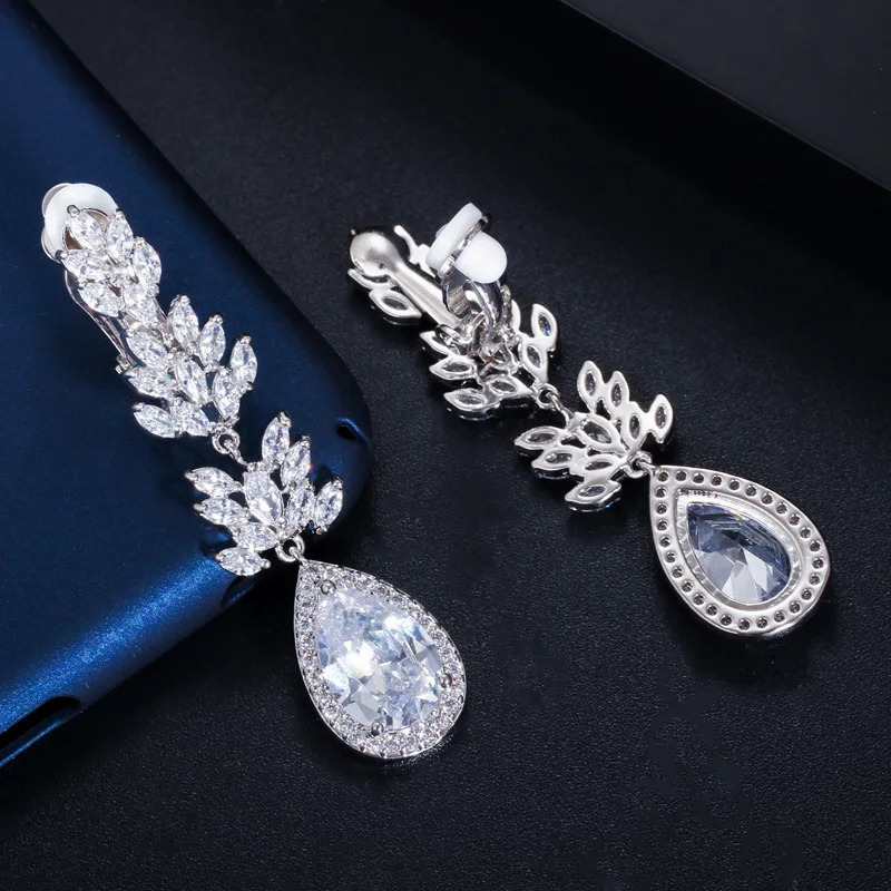 ThreeGraces Elegant Shiny Cubic Zirconia Leaf Shape Long Dangle Drop No Hole Clip On Earrings Non Pierced Ears Jewelry EJ0040 250103