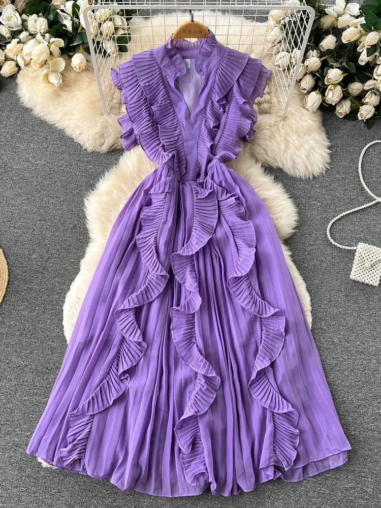 XFPV Elegant Dress Women Prairie Chic Ruffles Patchwork Slim A-line Chiffon Sleeveless Vestido 2025 Summer Fashion SM7493 250103