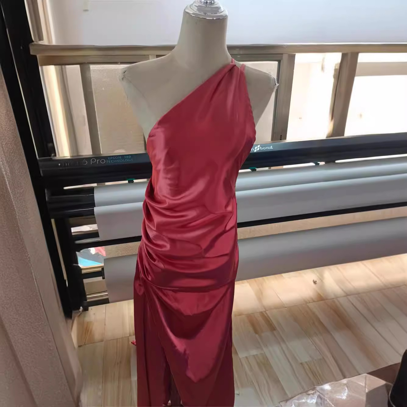 L1026 One-shoulder gathered slit sexy satin dress summer slim solid color long skirt