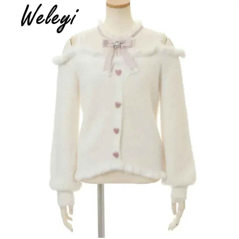 Jirai Kei Sweet Womens Fluffy Off Shoulder Sweater AutumnWinter Lolita Cute Sutdent College Style Knit Knitwear Female 250103