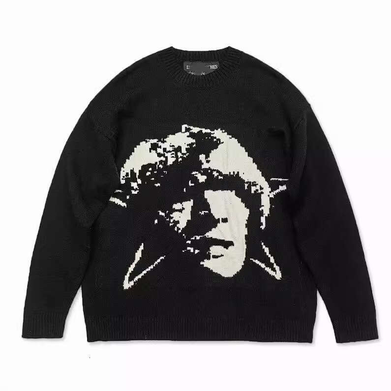 New melancholic second-generation cartoon portrait color blocked trendy men's and women's loose round neck knitted lazy sweater