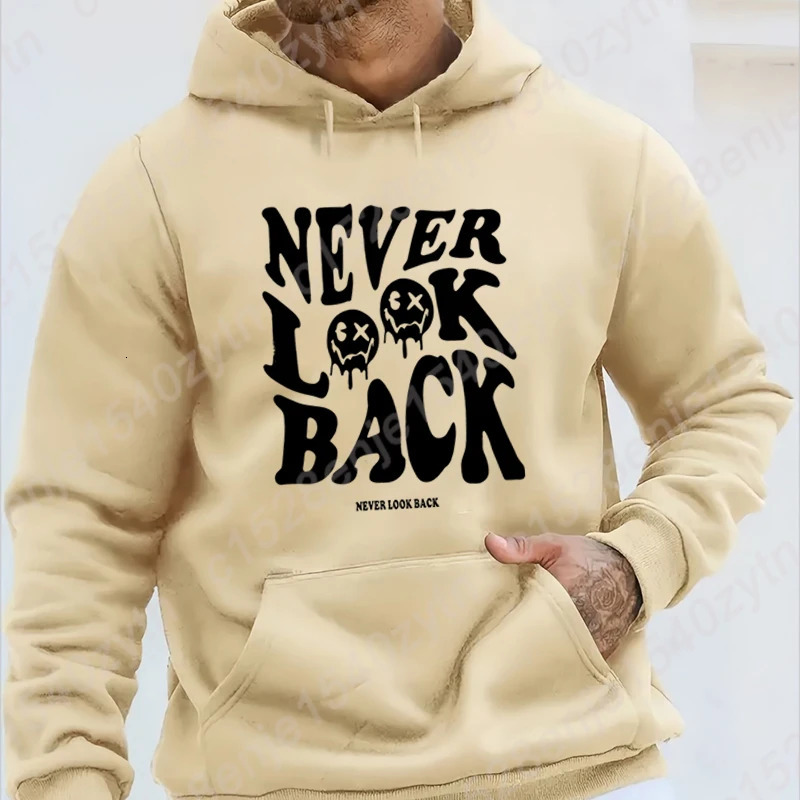 Never Look Back Print Hooded Hoodie For Men Cool Soft Autumn Winter Sweatshirt Men Loose Pullovers Solid Color Pullovers 250106