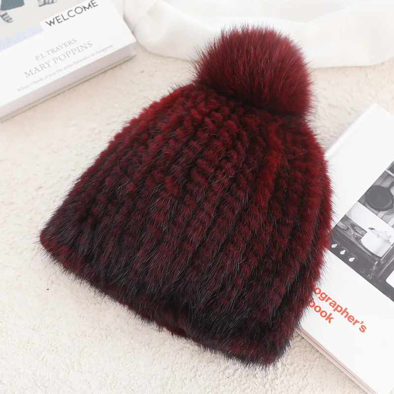 Real Mink Fur Hat For Women Thicken Female Fur Caps Ladies Winter Knitted Mink Fur Beanies With Fox Fur Pompoms Hat 250106