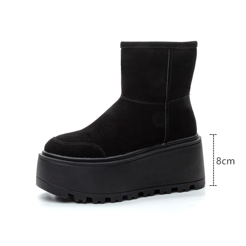 AIYUQI Snow Boots Women Platform Winter High Heel 8cm Warm Women Ankle Boots Simple Genuine Leather Women Booties