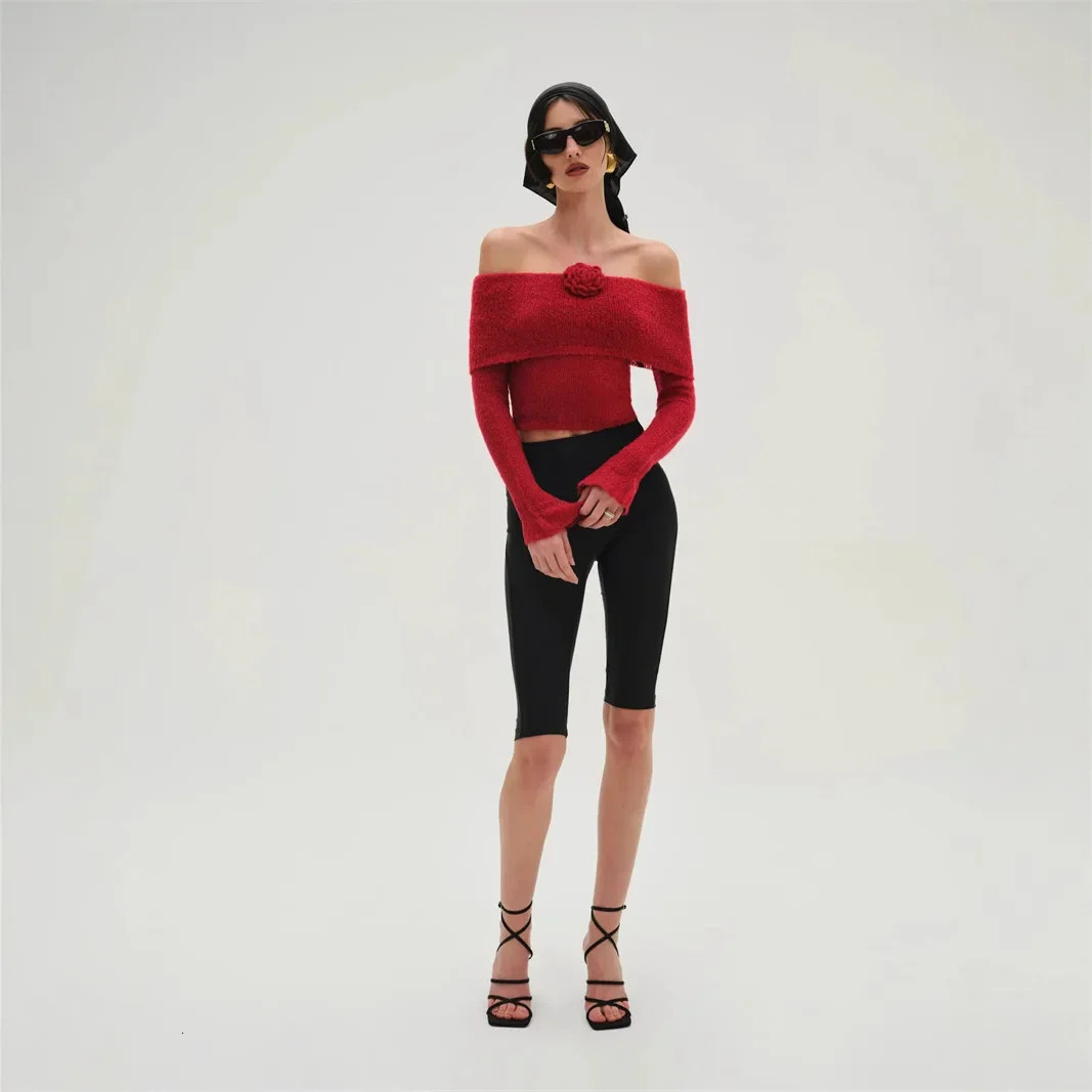 Red One Shoulder Lapel Off Knitted Sweater Top Handmade Flower Autumn and Winter for Women 250103