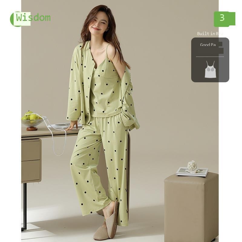 Three Piece Set Of Spring And Autumn Sleepwear With Chest Cushion Womens Long Sleeved Pure Cotton Pull-out Home Clothes
