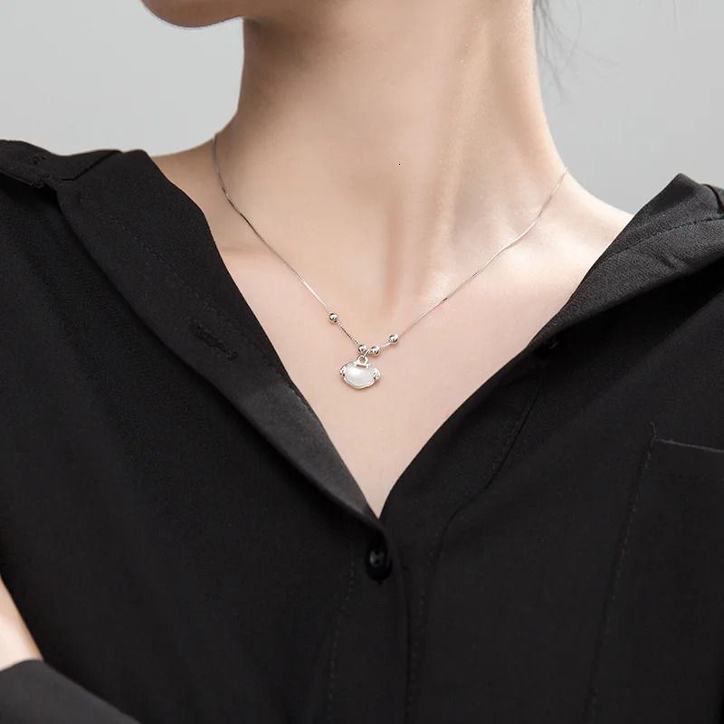 925 Sterling Silver Necklace Oval Long Life Lock Exquisite Pendant Ladies Fashion Retro Style Small Round Bead Chain 250106