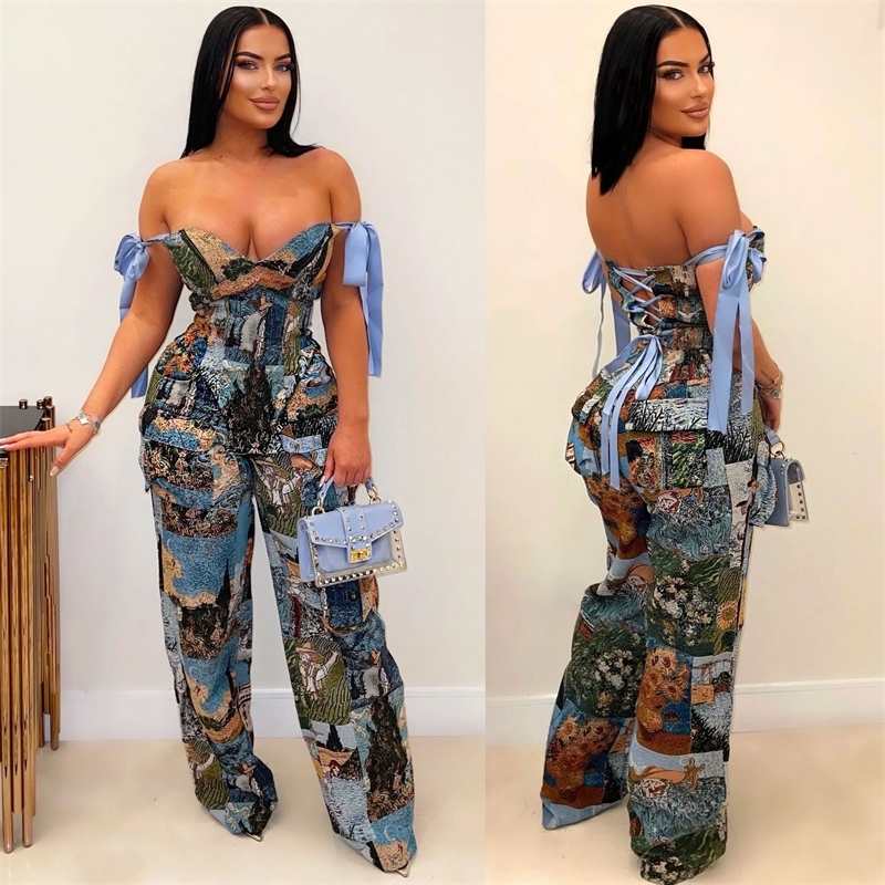 Women Tracksuits Two Pieces Set 2025 New Fashion Printed Oil Painting Pattern Strap Drawstring Multi Pocket Pants Set