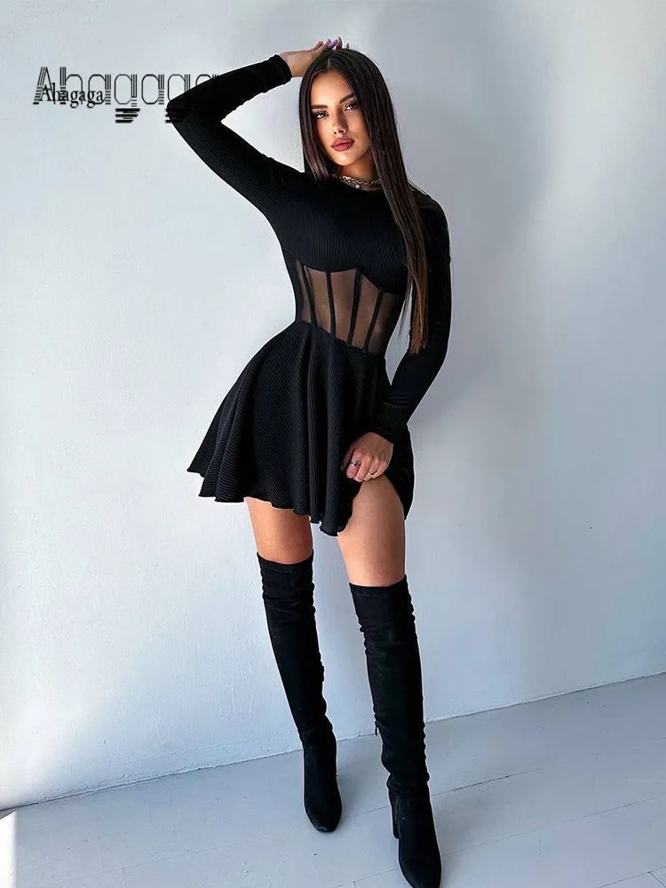 Ahagaga Fashion Solid Womens Mini Dresses ALine Knitted Sheer Slim Fit Long Sleeves Bodycon ONeck Party Streetwear Vestidos 250103