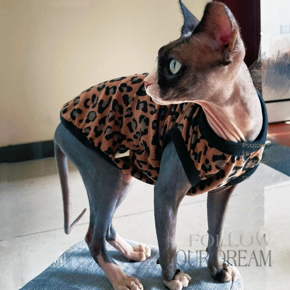 Soft Fleece Leopard Shirt for Sphynx Cat Khaki Sleeveless Coat for Kittens Fashion Spring Sweatshirt For Devon Rex Cat Supplies 250106