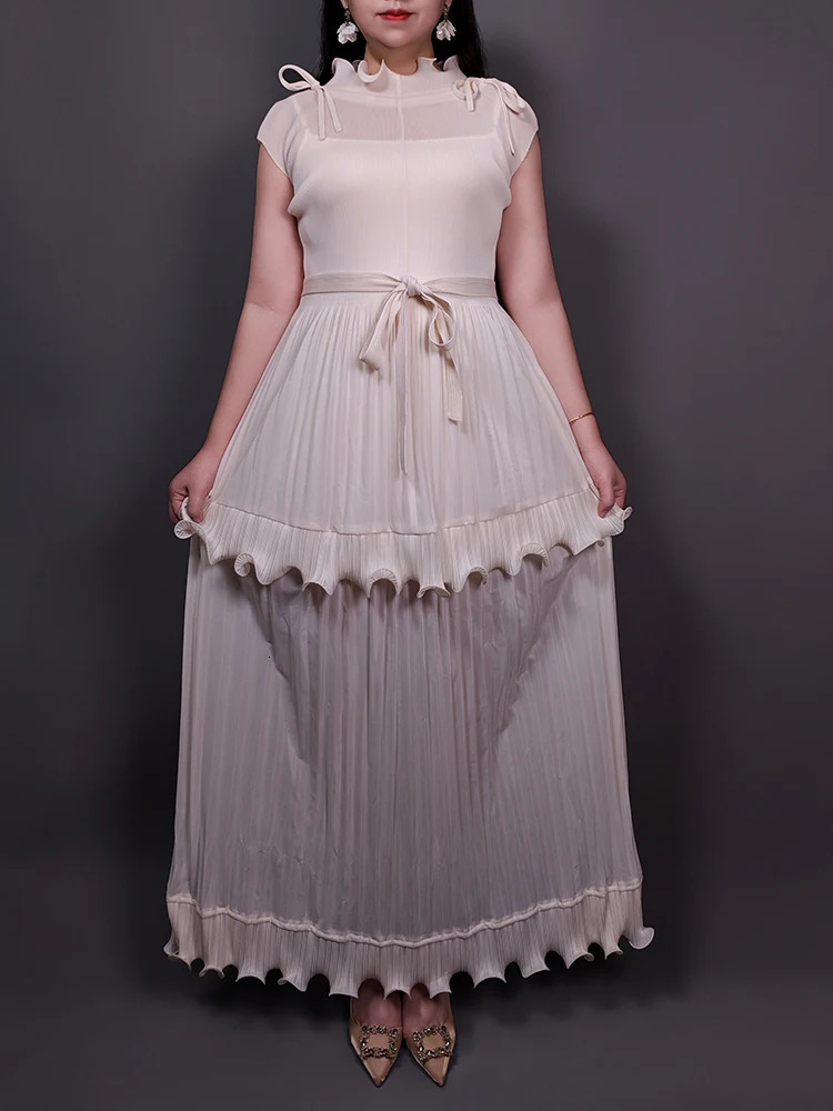 Lanmrem fashion pleated womens multi colored pleated edge splicing belt gathered waist dress elegant 2025 32C2089 250103