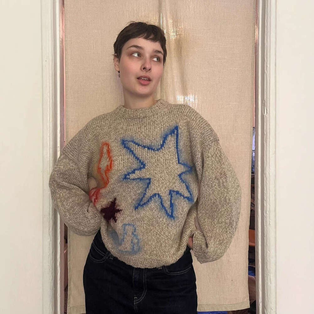 Knitted sweater with jacquard pattern, round neck, long sleeved, high street loose sweater, cute style