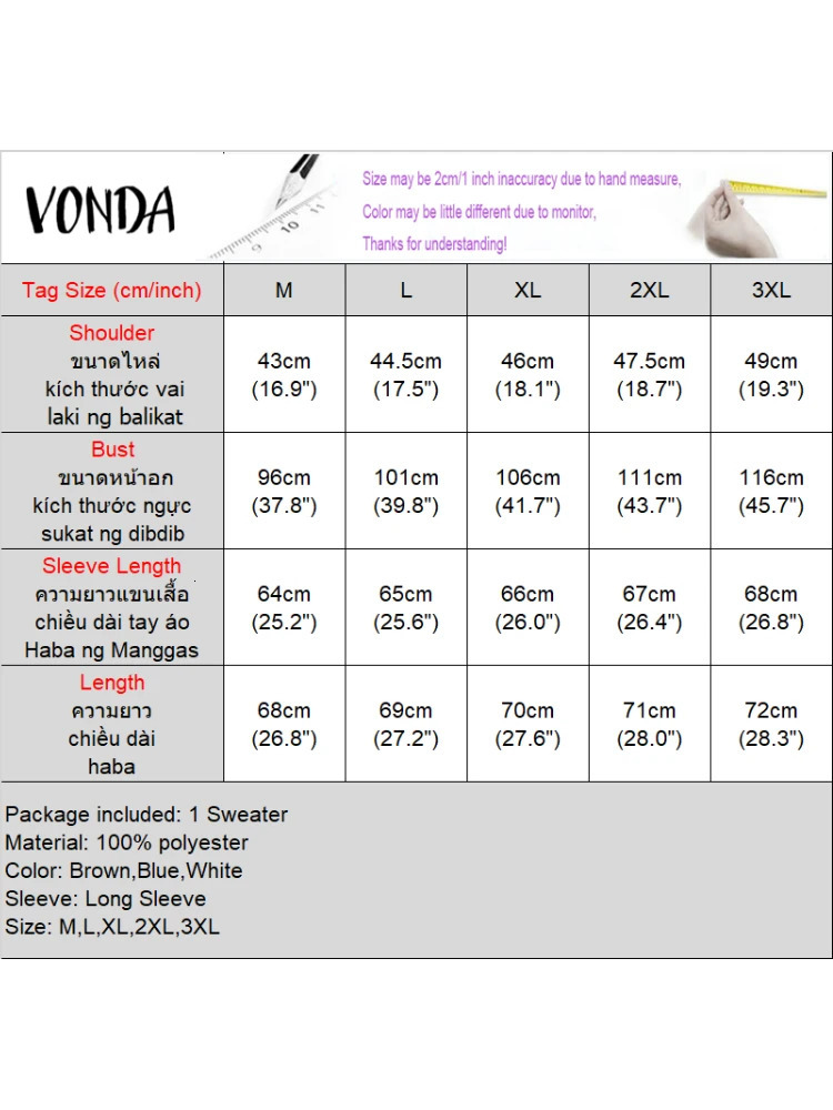 VONDA Women Autumn Round Neck Off Shoulder Long Sleeve Knitted Sweater Causal Solid Pullovers Holiday Casual Jumpers 250103