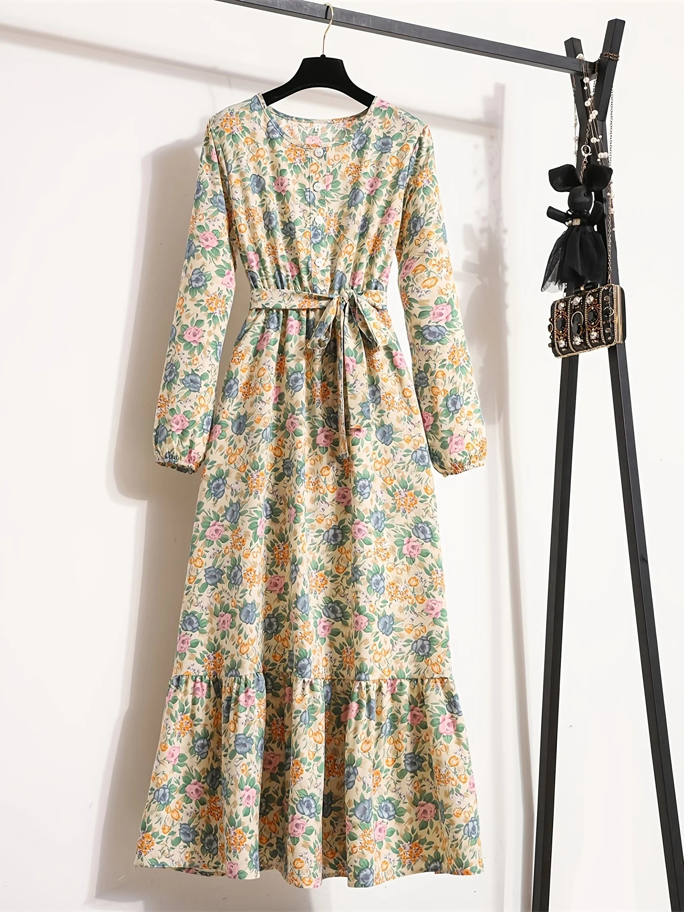 Ramadan Allover Print Maxi Dress Casual Button Front Long Sleeve Womens Clothing 250103