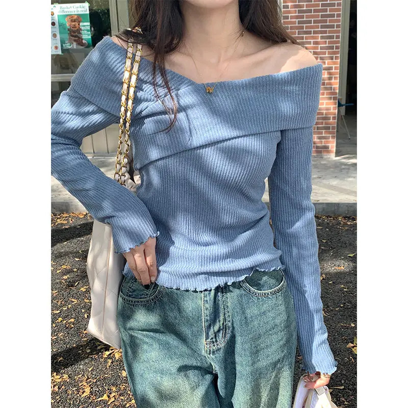 Pink Off Shoulder Long Sleeve Knitwear Pullover Women Top Spring Autumn Chic Spicy Girls Layered with Underlay Slim Fit 250103