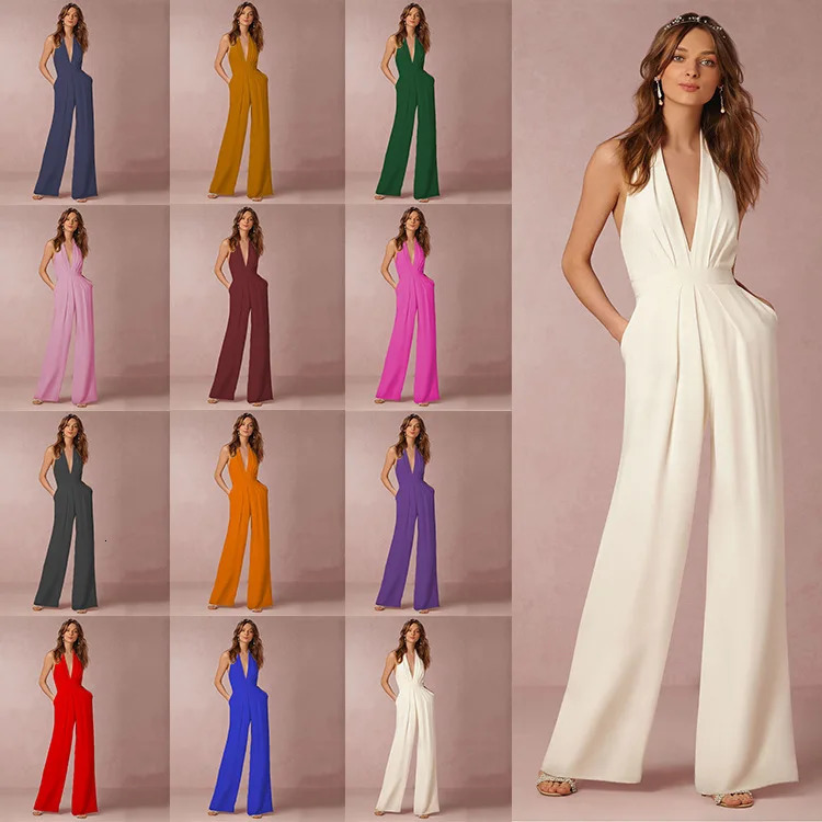 Jumpsuits Women Sexy Playsuits Deep V-neck Sleeveless Halter Neck Backless High Waist Wide Leg Jumpsuit Elegant Party Banquet 250103