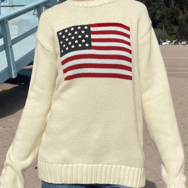 Rapcopter y2k Flag Print Sweaters Loose O Neck Full Sleeve Jumpers Autumn Winter Harajuku Casual Knitwear Pullovers Vintage 90s 250103