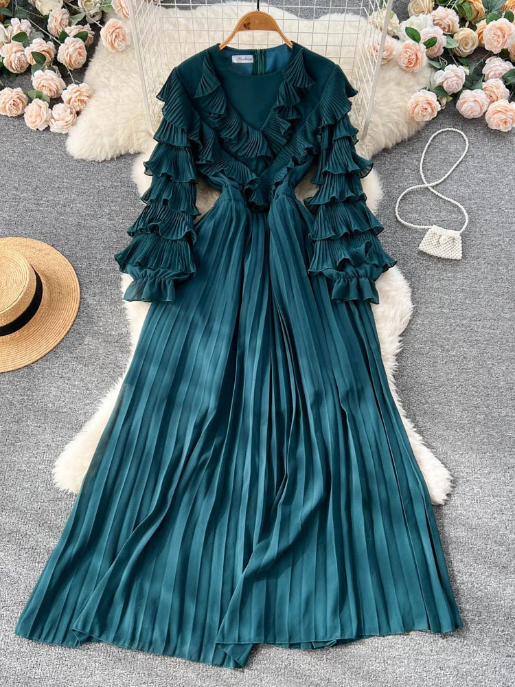 XFPV 2025 Spring Autumn Solid Slim Long Sleeve Pleated A Line V Neck Chiffon Mid-Calf Women High Waist Dress Vestidos SM5352 250103