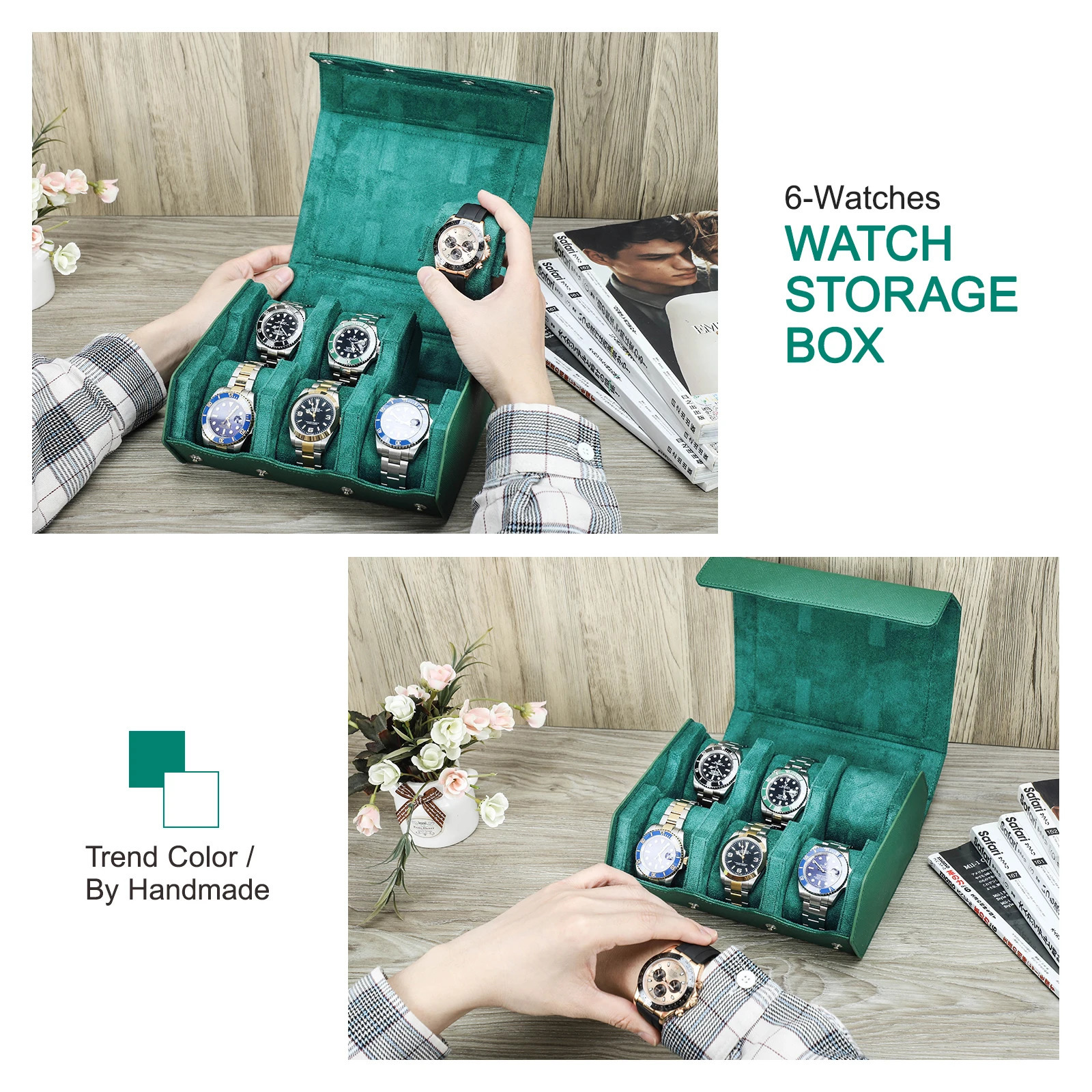 Exquisite green genuine leather hexagonal watch display box 2/3/4/6/8 slot watch rolling box storage organizer bracket 250102